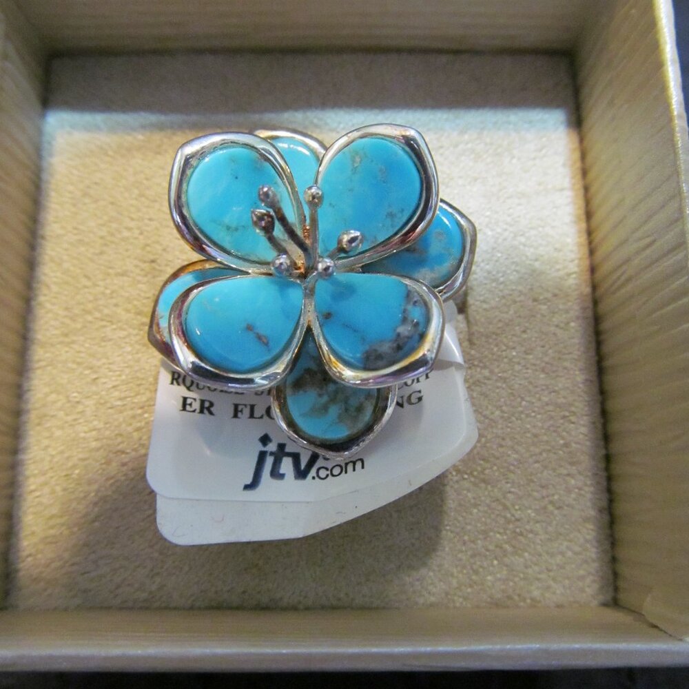 Tehya Oyama Blue Kingman turquoise flower ring Sterling Silver over Copper Sz 10
